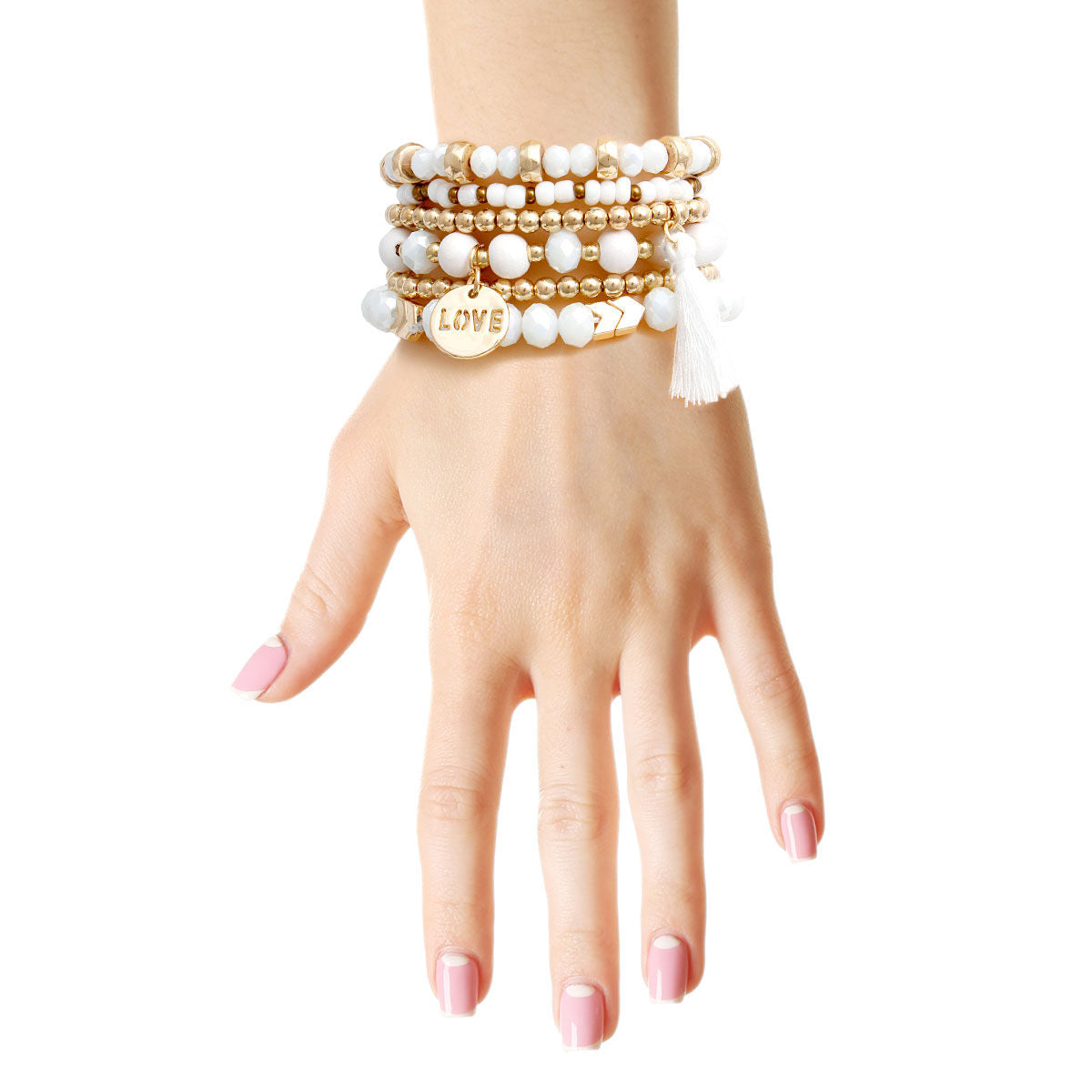 White Glass Love 6 Pcs Bracelets