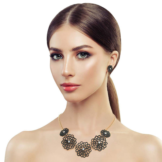 Black Matte Metal Cut Out Flower Necklace