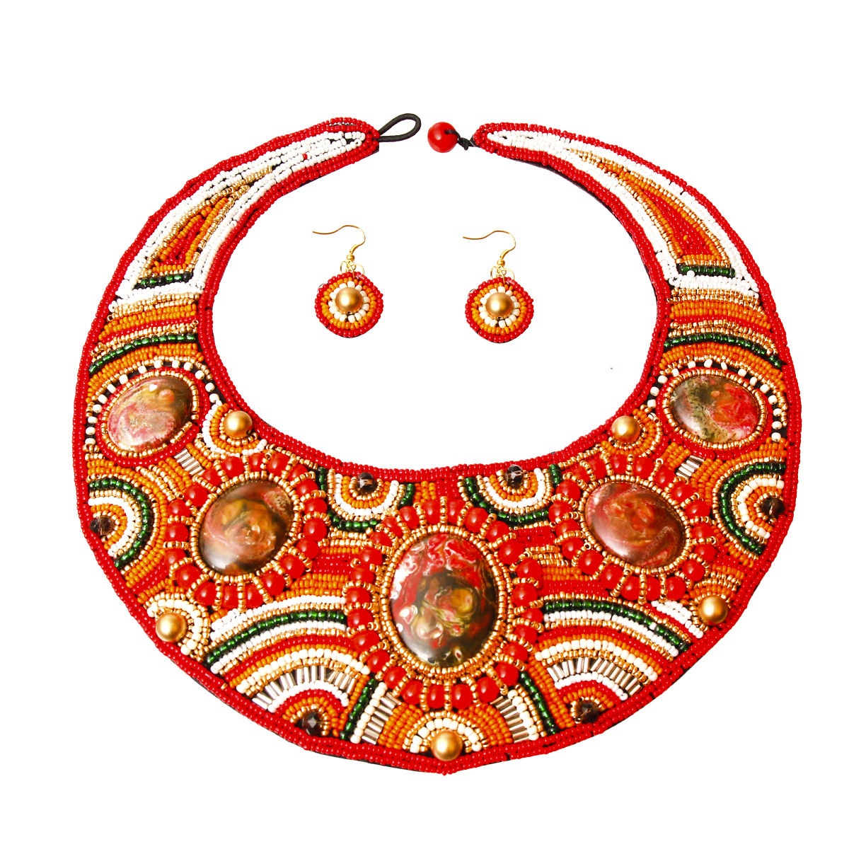 Bead Round Collar Bib Necklace Set - RW Orange