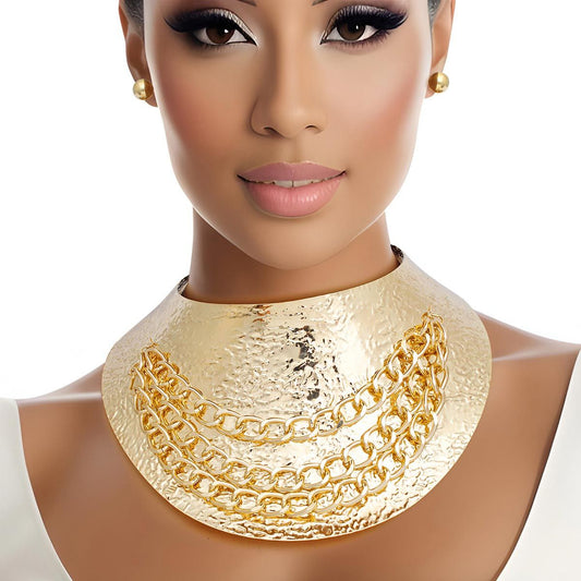 Armor Choker Collar Textured Rigid Gold Metal Set