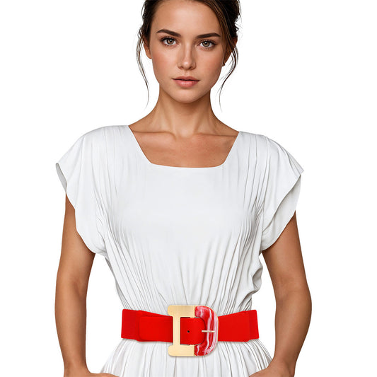 Belt Red Wide Marbled Buckle Stretch for Women