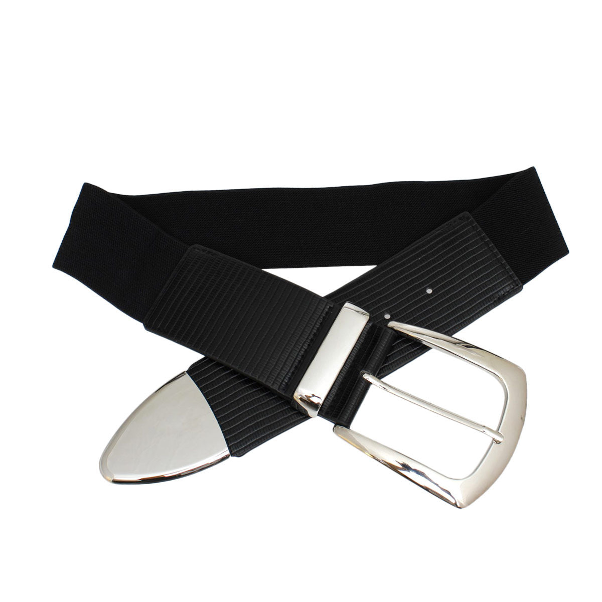 Belt Black Wide Silver Buckle Stretch for Women