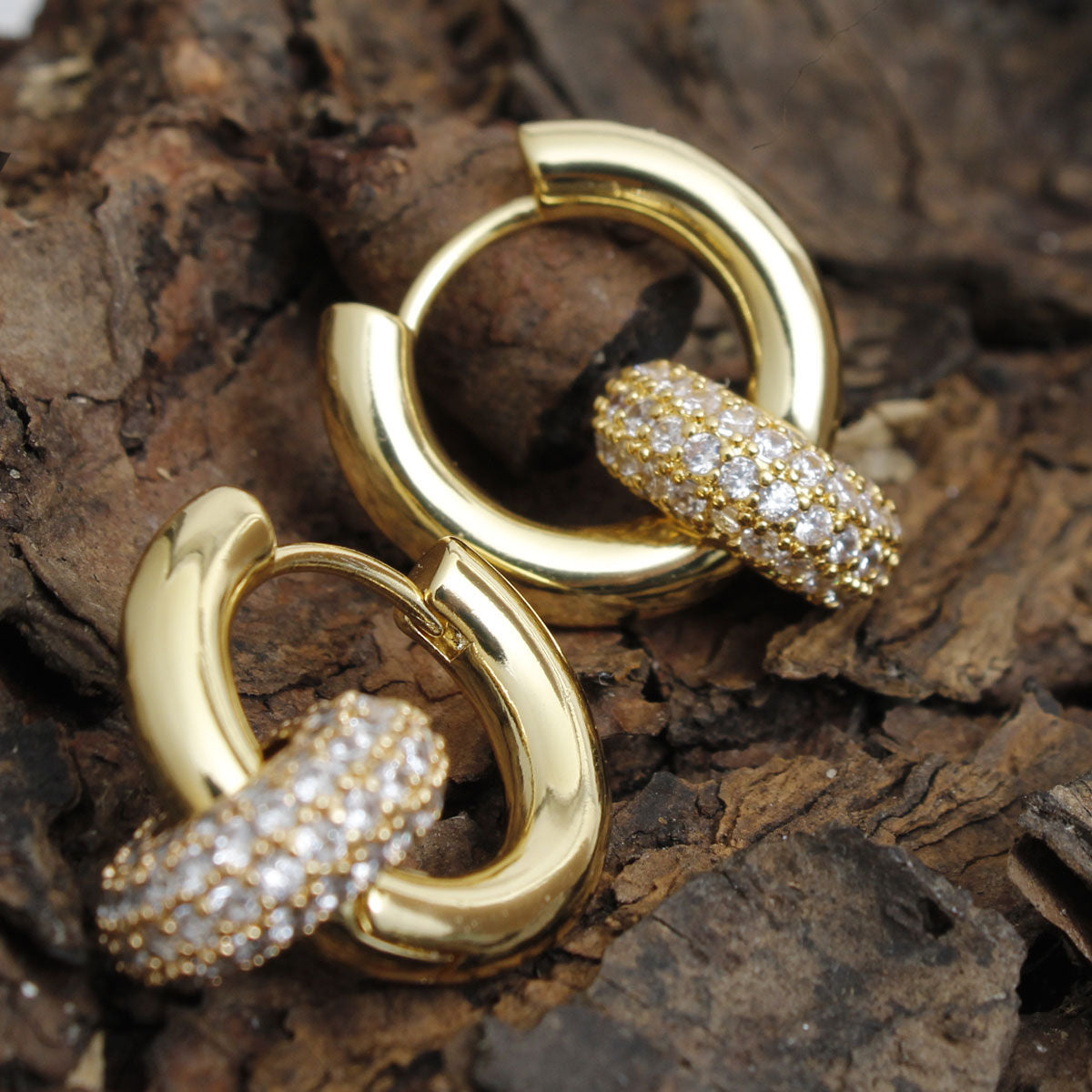 14K Gold Pave Ring Huggie Hoops