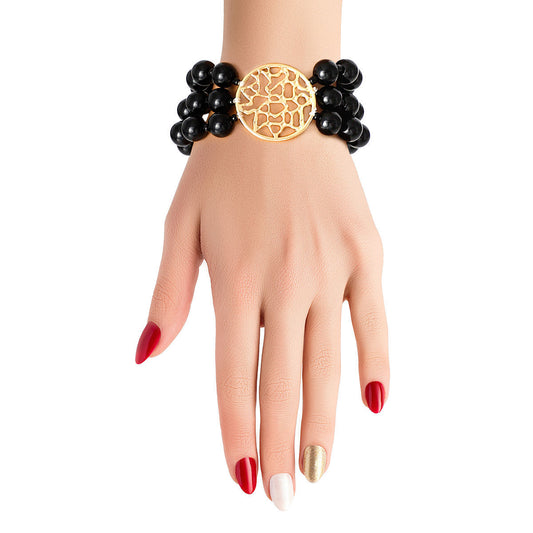 Black Bead Round Gold Bracelet